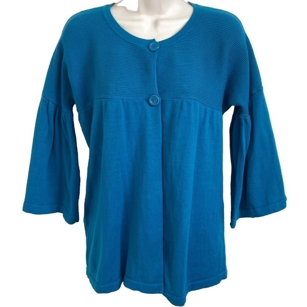 Kenar Elbow Bell Sleeve Scoop Neck Blue Cardigan Sweater Knit Medium Stretchy